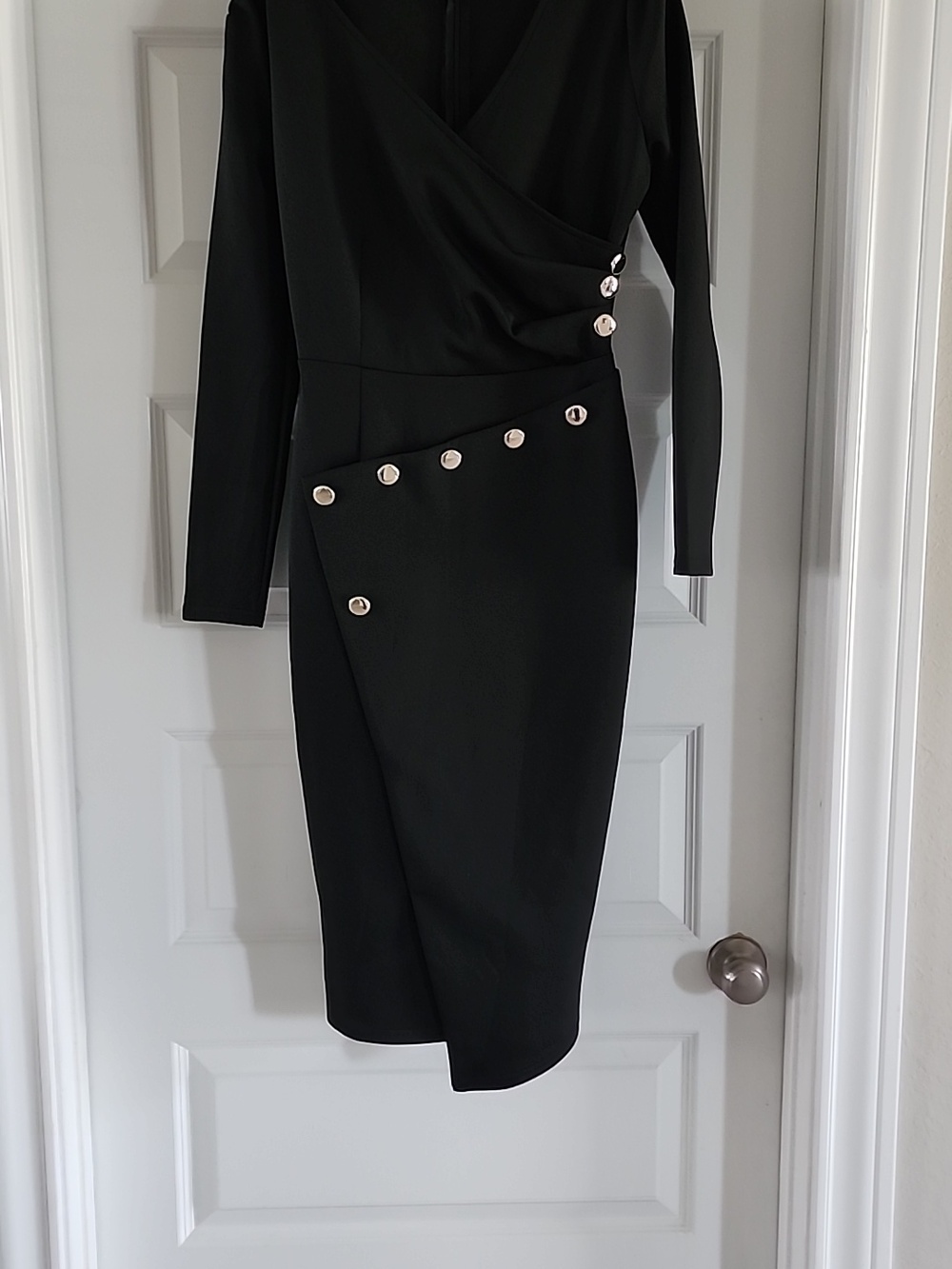 Black Long-Sleeve Wrap-Front Midi Dress with Decorative Buttons